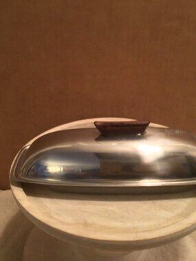 NWOT MCM Style stainless steel butter dish with a wooden handle
